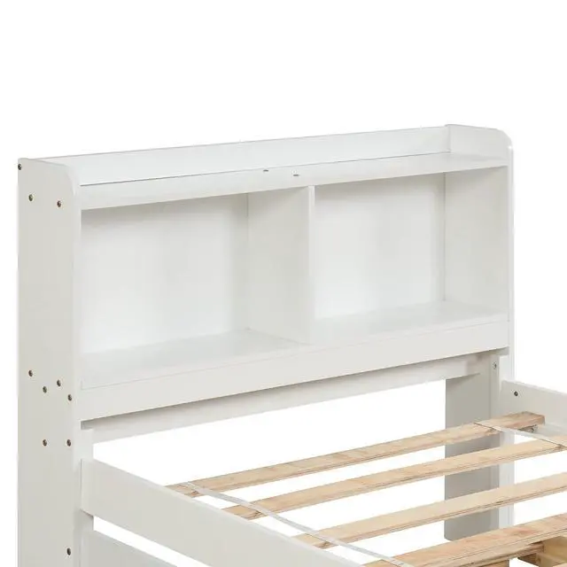 Alt view image 5 of 5 - Twin Trundle Bed with Bookcase, Wood Platform Single Bed Frame with Trundle and Storage Headboard, Solid Wooden Slat Support, Bedroom Furniture, White