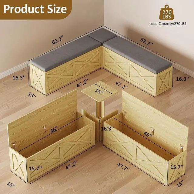 Alt view image 2 of 7 - Breakfast Nook Bench, L Shaped Storage Bench with Cushion, Natural | Farmhouse Kitchen Corner Dining Bench with Hidden Storage for Dining Room, Entryway, Cloakroom