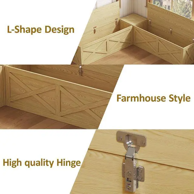 Alt view image 5 of 7 - Breakfast Nook Bench, L Shaped Storage Bench with Cushion, Natural | Farmhouse Kitchen Corner Dining Bench with Hidden Storage for Dining Room, Entryway, Cloakroom
