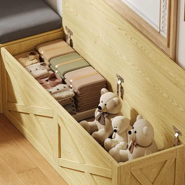 Alt view image 4 of 7 - Breakfast Nook Bench, L Shaped Storage Bench with Cushion, Natural | Farmhouse Kitchen Corner Dining Bench with Hidden Storage for Dining Room, Entryway, Cloakroom