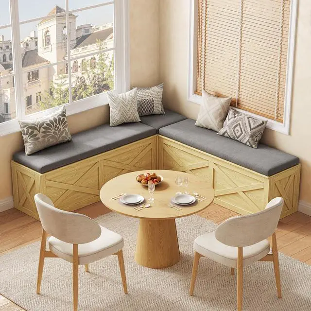 Alt view image 3 of 7 - Breakfast Nook Bench, L Shaped Storage Bench with Cushion, Natural | Farmhouse Kitchen Corner Dining Bench with Hidden Storage for Dining Room, Entryway, Cloakroom