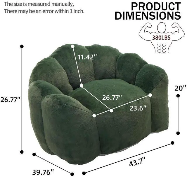 Alt view image 2 of 7 - Giant Adult Bean Bag Chair with Pull Ring, Lotus Style Compression Boneless Chair, Faux Fur Comfy Lazy Sofa, Corner Reading Armchair for Living Room, Bedroom, Relax, Green