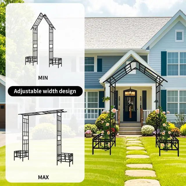 Alt view image 3 of 6 - Garden Arch Trellis with Planter Box for Climbing Plants, Metal Garden Arbor with Adjustable Width 5.7~7.9Ft, Outdoor Arboria Wedding Archway for Lawn, Patio, Backyard, Ceremony Decoration, Black