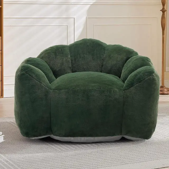 Alt view image 3 of 7 - Giant Adult Bean Bag Chair with Pull Ring, Lotus Style Compression Boneless Chair, Faux Fur Comfy Lazy Sofa, Corner Reading Armchair for Living Room, Bedroom, Relax, Green