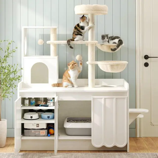 Alt view image 2 of 7 - Litter Box Enclosure with Cat Tree, 2 in 1 Hidden Litter Box Furniture with Door and Side Access, 50.6" Cat Tower with Sisal Scratching Post and Storage Space, Modern Cat House with Hammock, White