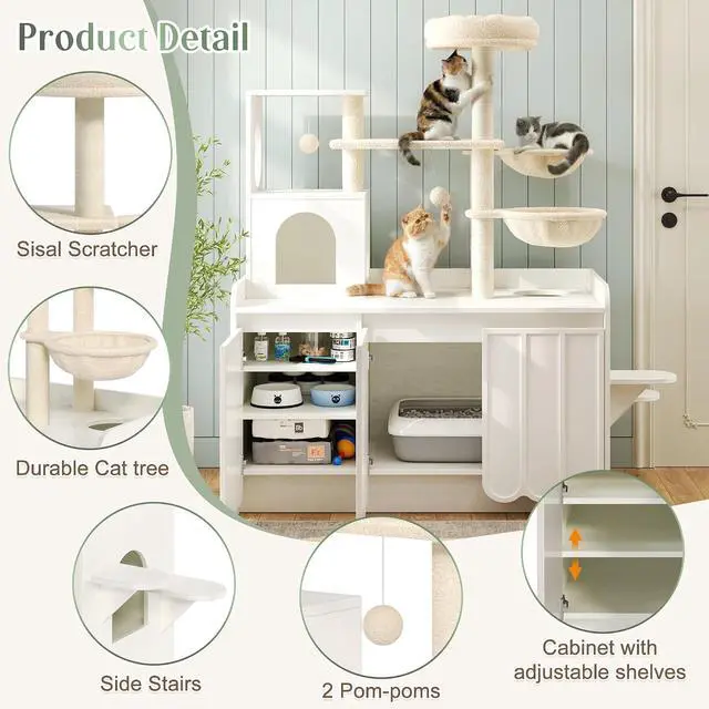 Alt view image 5 of 7 - Litter Box Enclosure with Cat Tree, 2 in 1 Hidden Litter Box Furniture with Door and Side Access, 50.6" Cat Tower with Sisal Scratching Post and Storage Space, Modern Cat House with Hammock, White