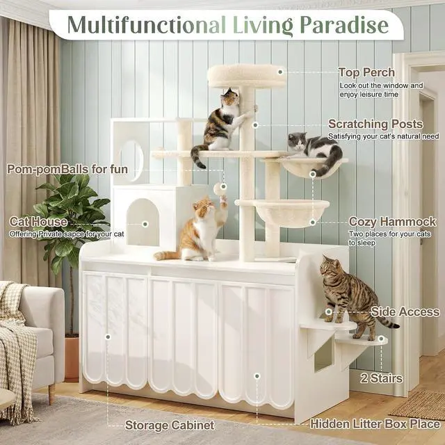 Alt view image 4 of 7 - Litter Box Enclosure with Cat Tree, 2 in 1 Hidden Litter Box Furniture with Door and Side Access, 50.6" Cat Tower with Sisal Scratching Post and Storage Space, Modern Cat House with Hammock, White