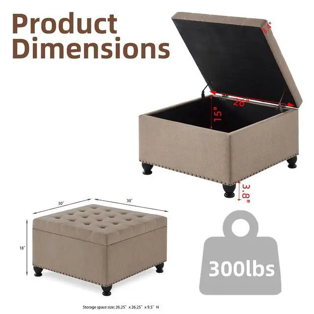 Alt view image 2 of 6 - Large Square Storage Ottoman with Wooden Legs, Button-Tufted Upholstered Coffee Table with Nail Trims for Living Room, Multi-Functional Footrest and Extra Stool