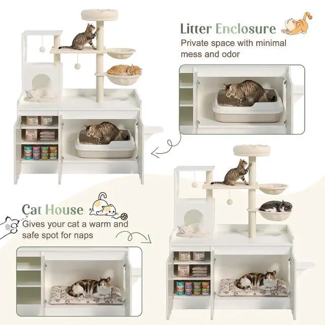 Alt view image 6 of 7 - Litter Box Enclosure with Cat Tree, 2 in 1 Hidden Litter Box Furniture with Door and Side Access, 50.6" Cat Tower with Sisal Scratching Post and Storage Space, Modern Cat House with Hammock, White
