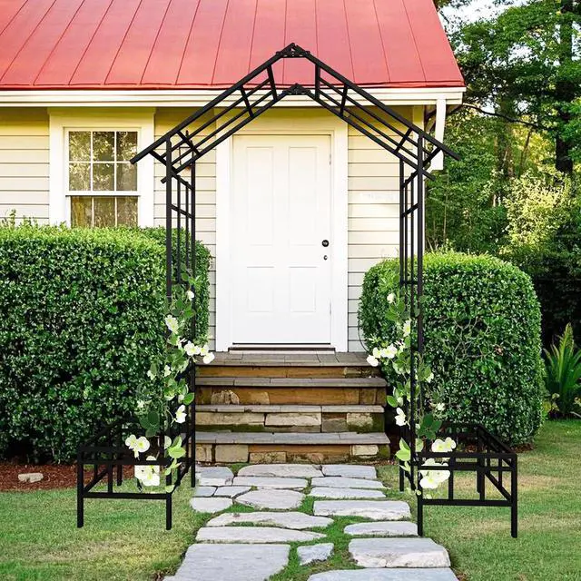 Alt view image 5 of 6 - Garden Arch Trellis with Planter Box for Climbing Plants, Metal Garden Arbor with Adjustable Width 5.7~7.9Ft, Outdoor Arboria Wedding Archway for Lawn, Patio, Backyard, Ceremony Decoration, Black