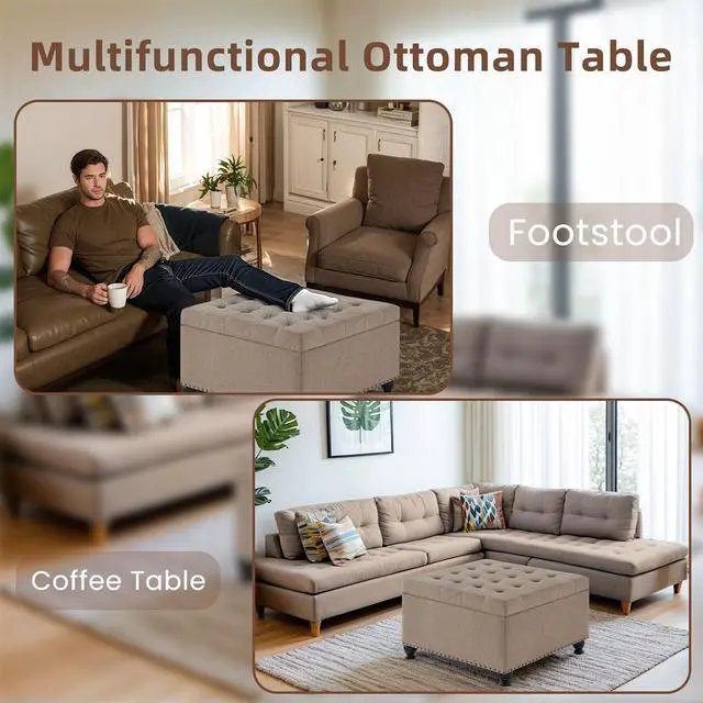 Alt view image 4 of 6 - Large Square Storage Ottoman with Wooden Legs, Button-Tufted Upholstered Coffee Table with Nail Trims for Living Room, Multi-Functional Footrest and Extra Stool