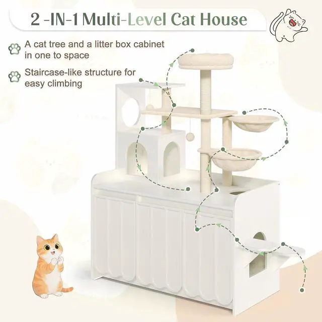 Alt view image 7 of 7 - Litter Box Enclosure with Cat Tree, 2 in 1 Hidden Litter Box Furniture with Door and Side Access, 50.6" Cat Tower with Sisal Scratching Post and Storage Space, Modern Cat House with Hammock, White