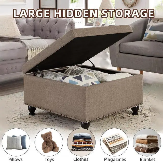 Alt view image 3 of 6 - Large Square Storage Ottoman with Wooden Legs, Button-Tufted Upholstered Coffee Table with Nail Trims for Living Room, Multi-Functional Footrest and Extra Stool