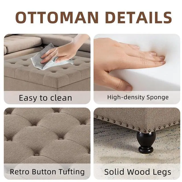Alt view image 5 of 6 - Large Square Storage Ottoman with Wooden Legs, Button-Tufted Upholstered Coffee Table with Nail Trims for Living Room, Multi-Functional Footrest and Extra Stool