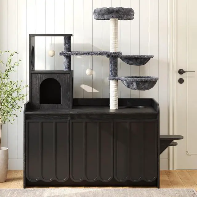 Alt view image 3 of 7 - Litter Box Enclosure with Cat Tree, 2 in 1 Hidden Litter Box Furniture with Door and Side Access, 50.6" Cat Tower with Sisal Scratching Post and Storage Space, Modern Cat House with Hammock, Black