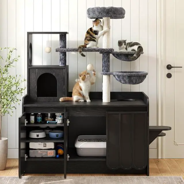 Alt view image 2 of 7 - Litter Box Enclosure with Cat Tree, 2 in 1 Hidden Litter Box Furniture with Door and Side Access, 50.6" Cat Tower with Sisal Scratching Post and Storage Space, Modern Cat House with Hammock, Black