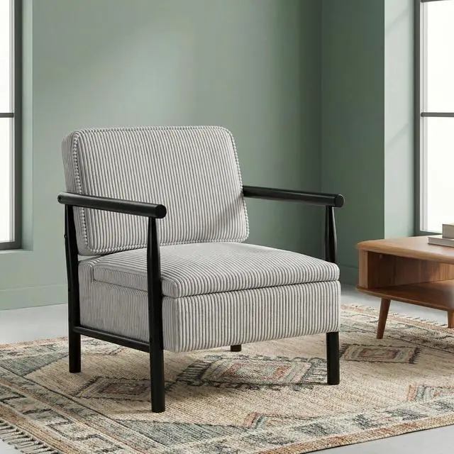 Alt view image 7 of 7 - Storage Armchair with Wide Seat, Mid Century Single Accent Chair with Wooden Armrest, Corduroy Upholstered Living Room Reading Chair with Waist Cushion for Apartment, Bedroom, Sunroom, Antique Gray