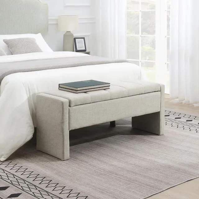 Main image of Modern End of Bed Bench, Linen Upholstered Storage Ottoman, Comfy Window Bench, Large Entryway Footstool, Sofa Side Footrest for Living Room, Bedroom, Dorm, Light Grey