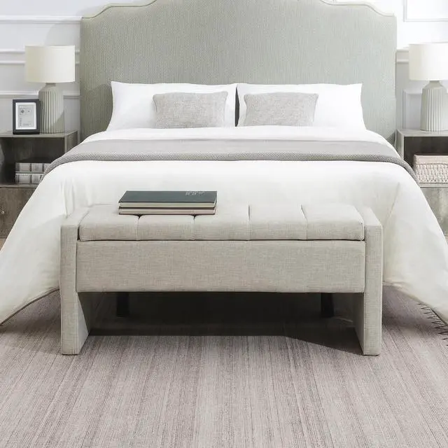 Alt view image 3 of 7 - Modern End of Bed Bench, Linen Upholstered Storage Ottoman, Comfy Window Bench, Large Entryway Footstool, Sofa Side Footrest for Living Room, Bedroom, Dorm, Light Grey