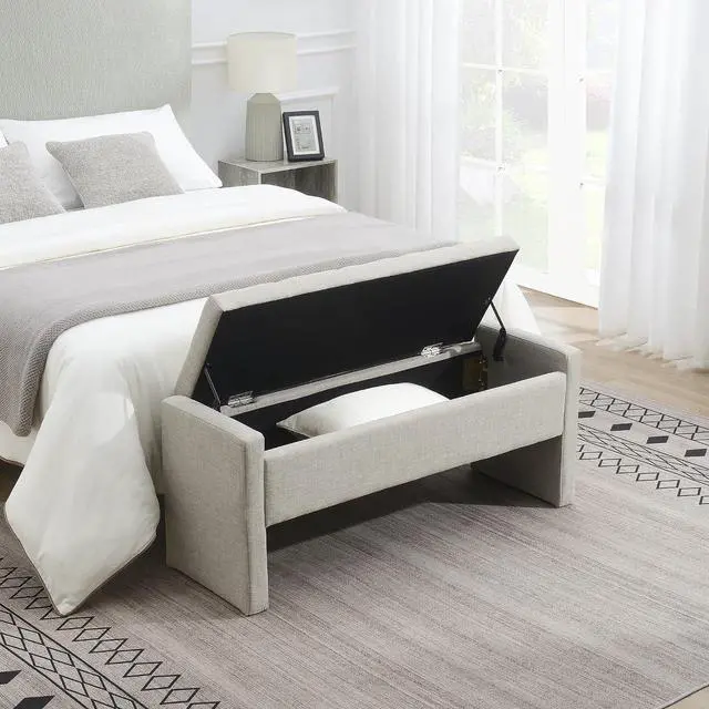 Alt view image 4 of 7 - Modern End of Bed Bench, Linen Upholstered Storage Ottoman, Comfy Window Bench, Large Entryway Footstool, Sofa Side Footrest for Living Room, Bedroom, Dorm, Light Grey