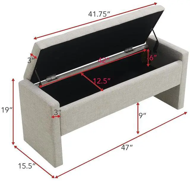 Alt view image 2 of 7 - Modern End of Bed Bench, Linen Upholstered Storage Ottoman, Comfy Window Bench, Large Entryway Footstool, Sofa Side Footrest for Living Room, Bedroom, Dorm, Light Grey