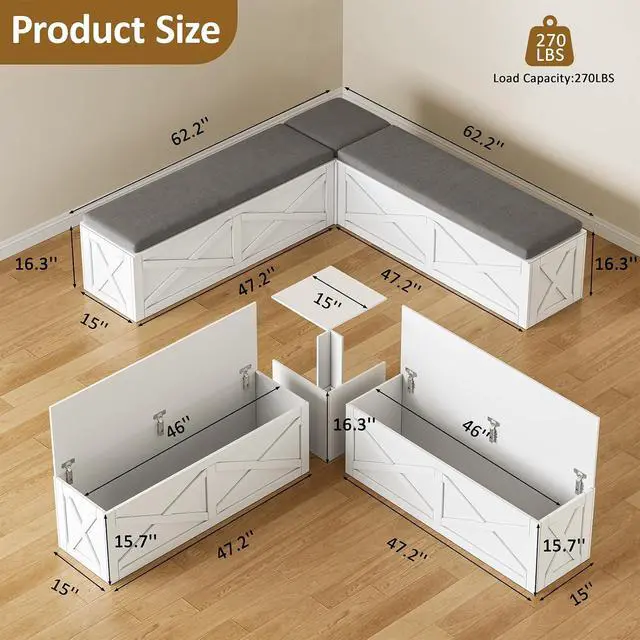 Alt view image 2 of 7 - Breakfast Nook Bench, L Shaped Storage Bench with Cushion, White | Farmhouse Kitchen Corner Dining Bench with Hidden Storage for Dining Room, Entryway, Cloakroom