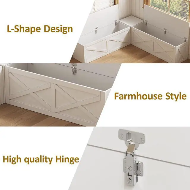Alt view image 4 of 7 - Breakfast Nook Bench, L Shaped Storage Bench with Cushion, White | Farmhouse Kitchen Corner Dining Bench with Hidden Storage for Dining Room, Entryway, Cloakroom