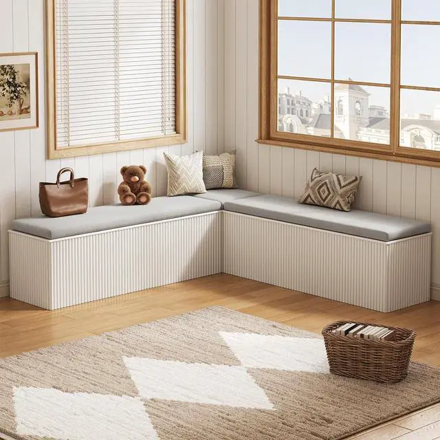 Main image of Breakfast Nook Bench, L Shaped Storage Bench with Cushion, White | Fluted Kitchen Corner Dining Bench with Hidden Storage for Dining Room, Entryway, Cloakroom