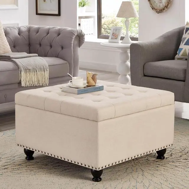 Main image of Large Square Storage Ottoman with Wooden Legs, Button-Tufted Upholstered Coffee Table with Nail Trims for Living Room, Multi-Functional Footrest and Extra Stool