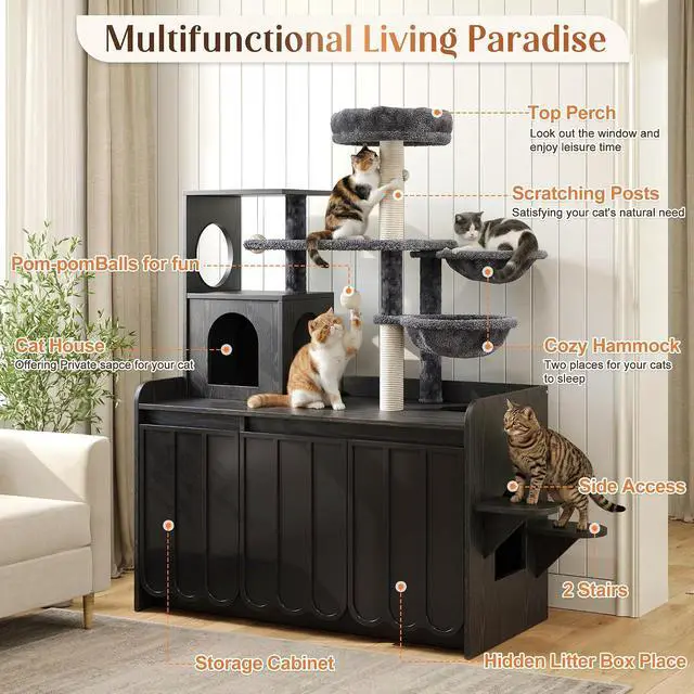 Alt view image 4 of 7 - Litter Box Enclosure with Cat Tree, 2 in 1 Hidden Litter Box Furniture with Door and Side Access, 50.6" Cat Tower with Sisal Scratching Post and Storage Space, Modern Cat House with Hammock, Black