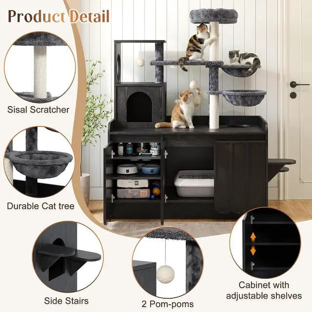 Alt view image 5 of 7 - Litter Box Enclosure with Cat Tree, 2 in 1 Hidden Litter Box Furniture with Door and Side Access, 50.6" Cat Tower with Sisal Scratching Post and Storage Space, Modern Cat House with Hammock, Black