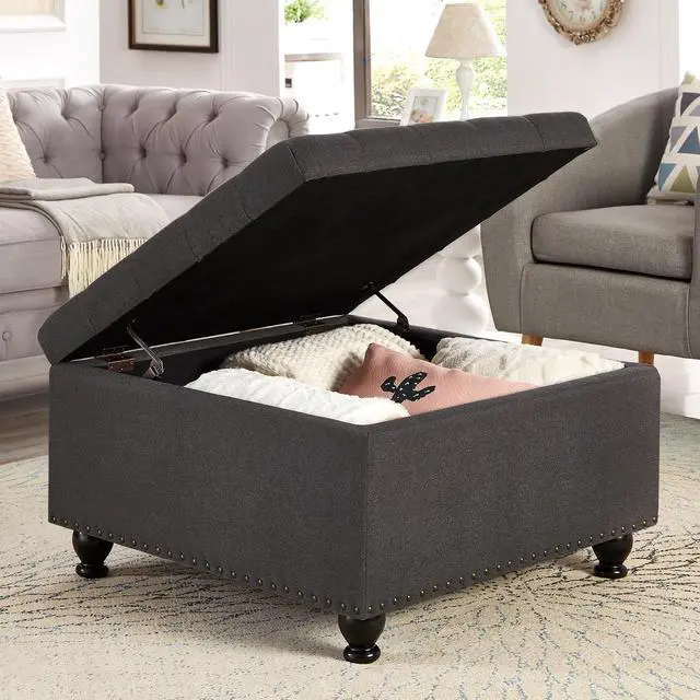 Alt view image 2 of 7 - Large Square Storage Ottoman with Wooden Legs, Button-Tufted Upholstered Coffee Table with Nail Trims for Living Room, Multi-Functional Footrest and Extra Stool