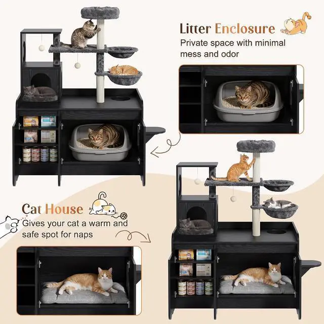 Alt view image 6 of 7 - Litter Box Enclosure with Cat Tree, 2 in 1 Hidden Litter Box Furniture with Door and Side Access, 50.6" Cat Tower with Sisal Scratching Post and Storage Space, Modern Cat House with Hammock, Black