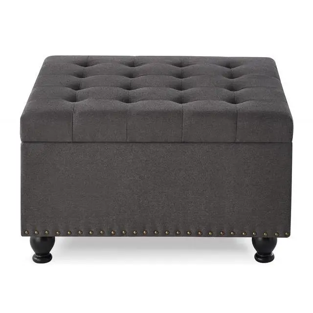 Alt view image 3 of 7 - Large Square Storage Ottoman with Wooden Legs, Button-Tufted Upholstered Coffee Table with Nail Trims for Living Room, Multi-Functional Footrest and Extra Stool