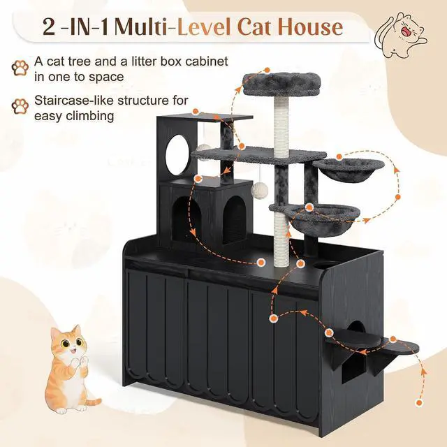 Alt view image 7 of 7 - Litter Box Enclosure with Cat Tree, 2 in 1 Hidden Litter Box Furniture with Door and Side Access, 50.6" Cat Tower with Sisal Scratching Post and Storage Space, Modern Cat House with Hammock, Black