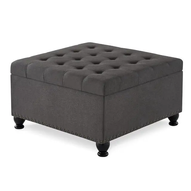 Alt view image 4 of 7 - Large Square Storage Ottoman with Wooden Legs, Button-Tufted Upholstered Coffee Table with Nail Trims for Living Room, Multi-Functional Footrest and Extra Stool