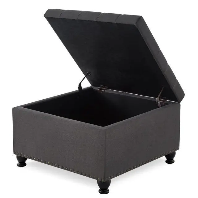 Alt view image 5 of 7 - Large Square Storage Ottoman with Wooden Legs, Button-Tufted Upholstered Coffee Table with Nail Trims for Living Room, Multi-Functional Footrest and Extra Stool