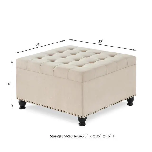 Alt view image 2 of 7 - Large Square Storage Ottoman with Wooden Legs, Button-Tufted Upholstered Coffee Table with Nail Trims for Living Room, Multi-Functional Footrest and Extra Stool