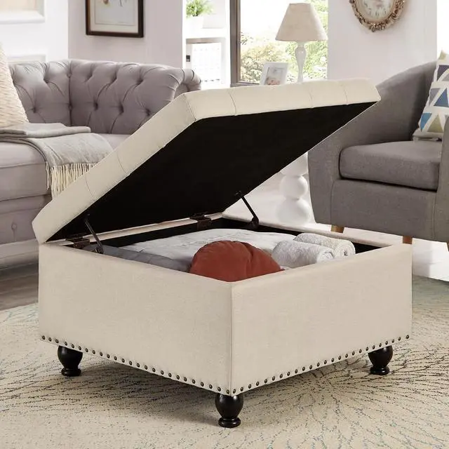 Alt view image 3 of 7 - Large Square Storage Ottoman with Wooden Legs, Button-Tufted Upholstered Coffee Table with Nail Trims for Living Room, Multi-Functional Footrest and Extra Stool