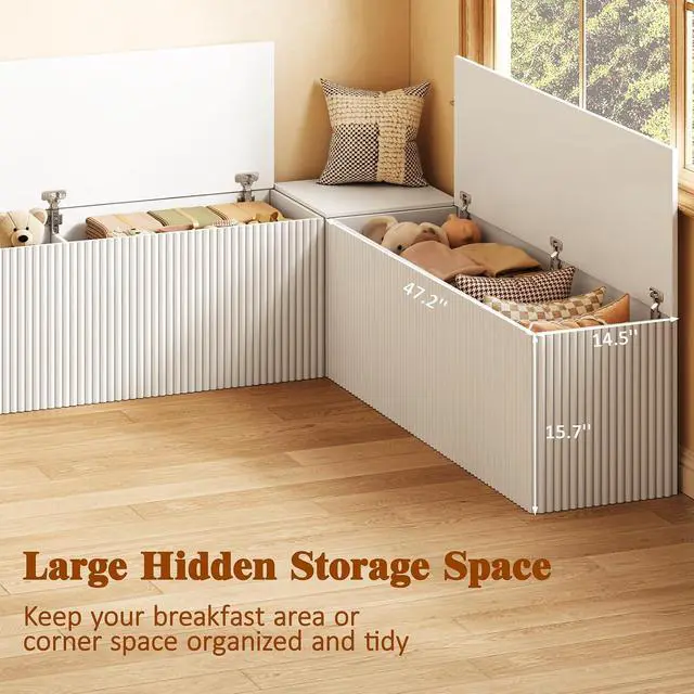 Alt view image 3 of 7 - Breakfast Nook Bench, L Shaped Storage Bench with Cushion, White | Fluted Kitchen Corner Dining Bench with Hidden Storage for Dining Room, Entryway, Cloakroom