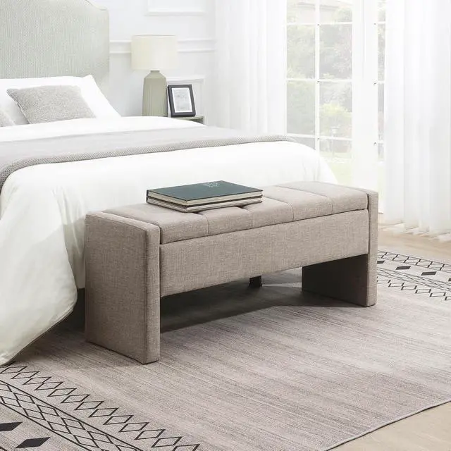 Alt view image 3 of 7 - Modern End of Bed Bench, Linen Upholstered Storage Ottoman, Comfy Window Bench, Large Entryway Footstool, Sofa Side Footrest for Living Room, Bedroom, Dorm, Brown Grey