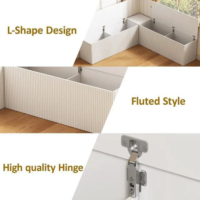 Alt view image 4 of 7 - Breakfast Nook Bench, L Shaped Storage Bench with Cushion, White | Fluted Kitchen Corner Dining Bench with Hidden Storage for Dining Room, Entryway, Cloakroom