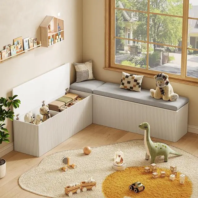 Alt view image 5 of 7 - Breakfast Nook Bench, L Shaped Storage Bench with Cushion, White | Fluted Kitchen Corner Dining Bench with Hidden Storage for Dining Room, Entryway, Cloakroom