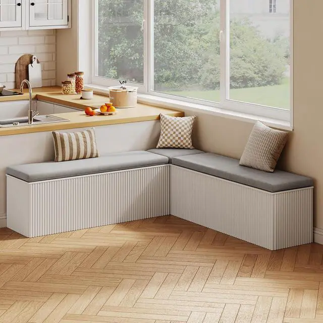 Alt view image 6 of 7 - Breakfast Nook Bench, L Shaped Storage Bench with Cushion, White | Fluted Kitchen Corner Dining Bench with Hidden Storage for Dining Room, Entryway, Cloakroom