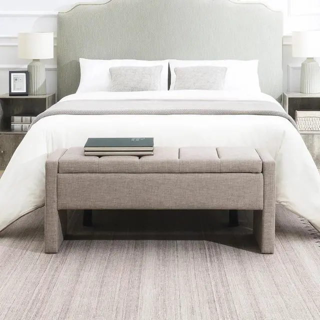 Alt view image 4 of 7 - Modern End of Bed Bench, Linen Upholstered Storage Ottoman, Comfy Window Bench, Large Entryway Footstool, Sofa Side Footrest for Living Room, Bedroom, Dorm, Brown Grey