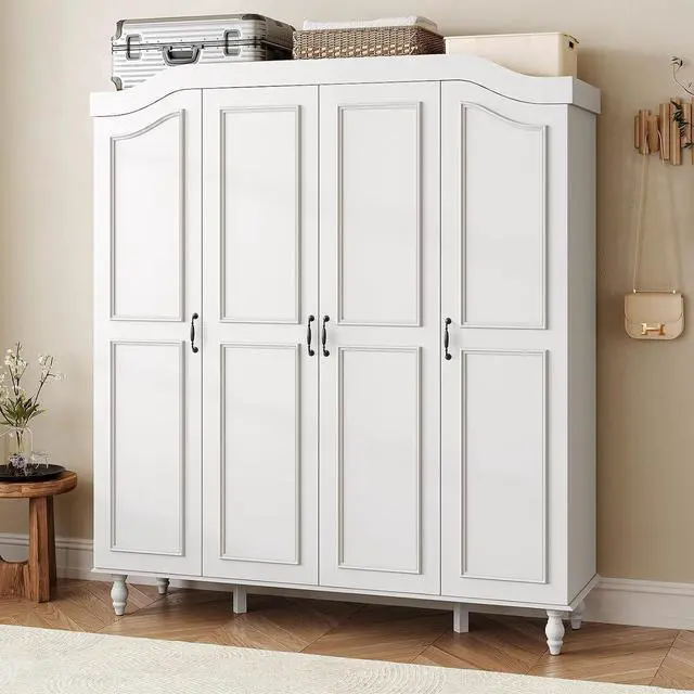 Main image of 71" H Arched Armoire Wardrobe Closet with 4 Doors, Wooden, White | Large Capacity Wardrobe Cabinet with 2 Hanging Rods and 8 Shelves,Freestanding Armoire Storage Cabinet for Bedroom,Cloak Room