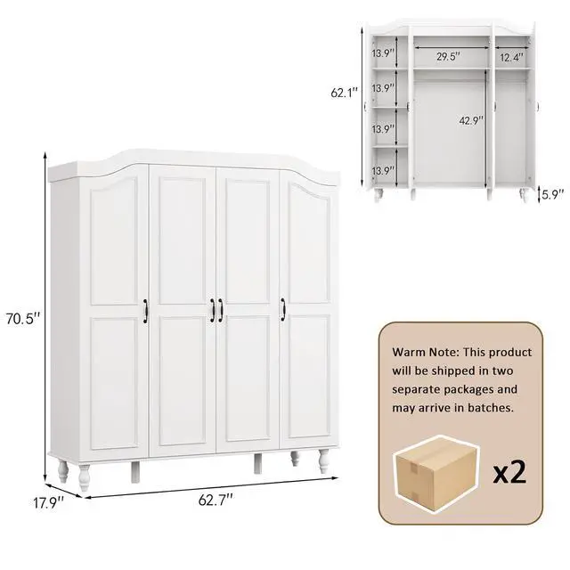 Alt view image 2 of 7 - 71" H Arched Armoire Wardrobe Closet with 4 Doors, Wooden, White | Large Capacity Wardrobe Cabinet with 2 Hanging Rods and 8 Shelves,Freestanding Armoire Storage Cabinet for Bedroom,Cloak Room