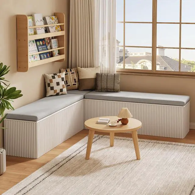 Alt view image 7 of 7 - Breakfast Nook Bench, L Shaped Storage Bench with Cushion, White | Fluted Kitchen Corner Dining Bench with Hidden Storage for Dining Room, Entryway, Cloakroom