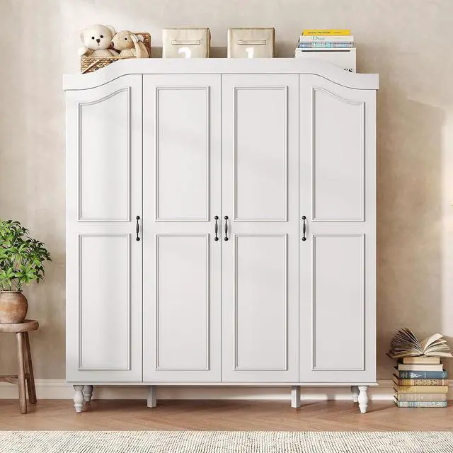 Alt view image 3 of 7 - 71" H Arched Armoire Wardrobe Closet with 4 Doors, Wooden, White | Large Capacity Wardrobe Cabinet with 2 Hanging Rods and 8 Shelves,Freestanding Armoire Storage Cabinet for Bedroom,Cloak Room