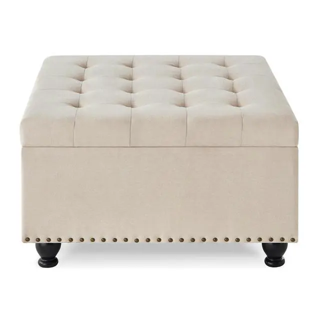 Alt view image 4 of 7 - Large Square Storage Ottoman with Wooden Legs, Button-Tufted Upholstered Coffee Table with Nail Trims for Living Room, Multi-Functional Footrest and Extra Stool